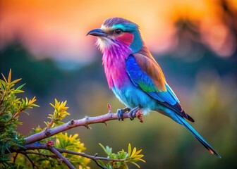 Obraz premium Low light captures a vibrant lilac-breasted roller in Kruger National Park, Africa.