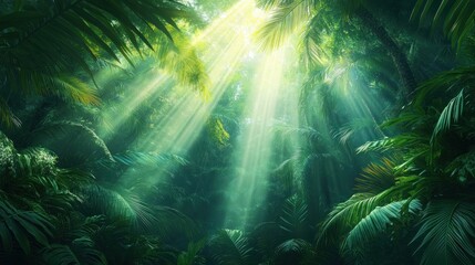 Fototapeta premium Experience a serene moment in a tropical rainforest with warm breeze in a tropical forest, sunlight filtering through thick foliage, capturing nature's beauty The vibrant lush greenery and soft