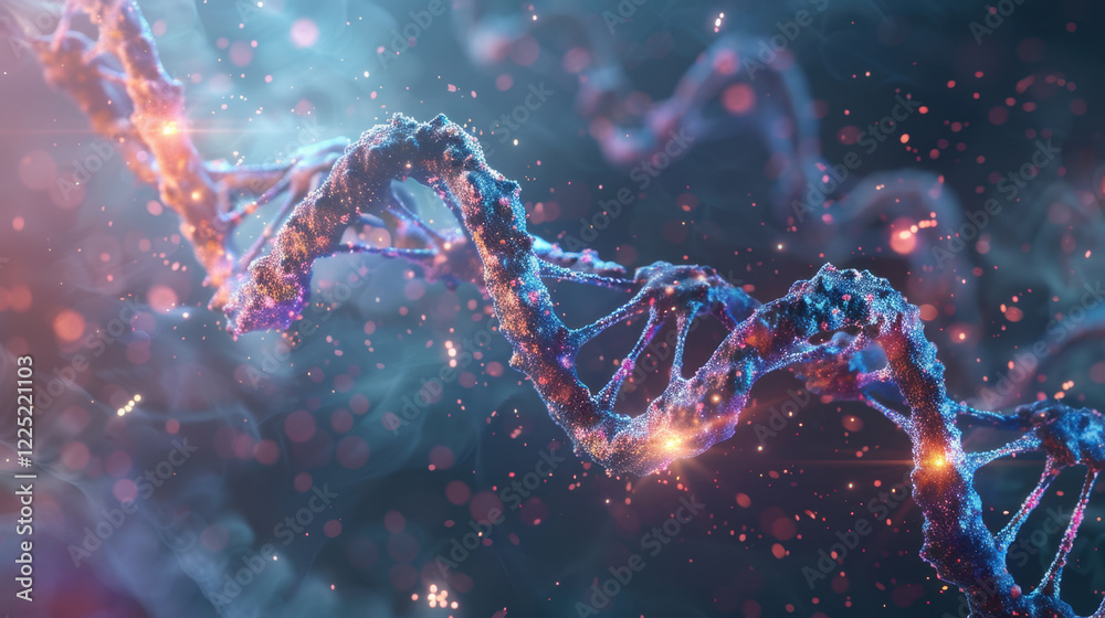 Poster digital representation of dna structure with glowing elements and particles, showcasing complexity o