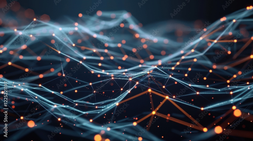 Poster abstract digital network with glowing nodes and interconnected lines, representing data flow and tec