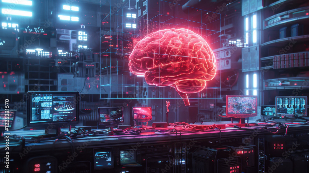 Poster futuristic digital brain model in high tech lab with screens displaying data. vibrant red glow creat