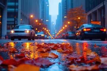 Autumn leaves on wet street with cars and city lights in the background during rainy day
