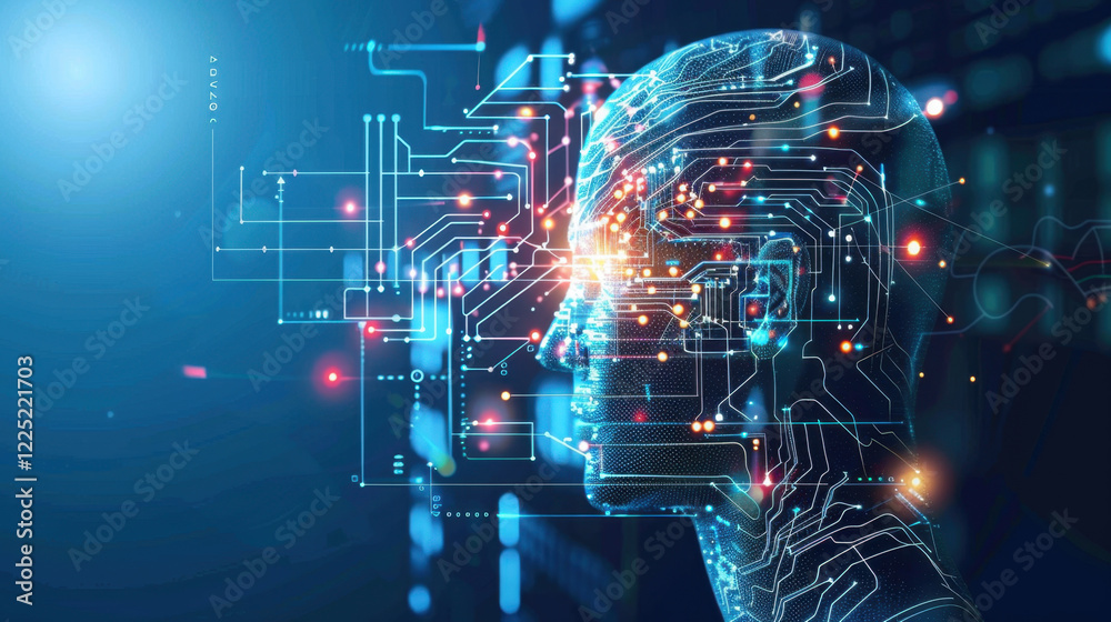 Poster digital representation of human head with circuit patterns, symbolizing artificial intelligence and 