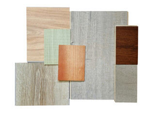 multi colors of wooden furnishing materials palette contains laminated, engineering, vinyl flooring tiles, veneer samples isolated on background with clipping path. wooden finishing materials.