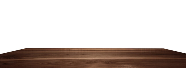 dark toned, smooth walnut wooden tabletop at foreground isolated on background with clipping path. concept design use for interior, decorate, advertisement or presentation, display products.