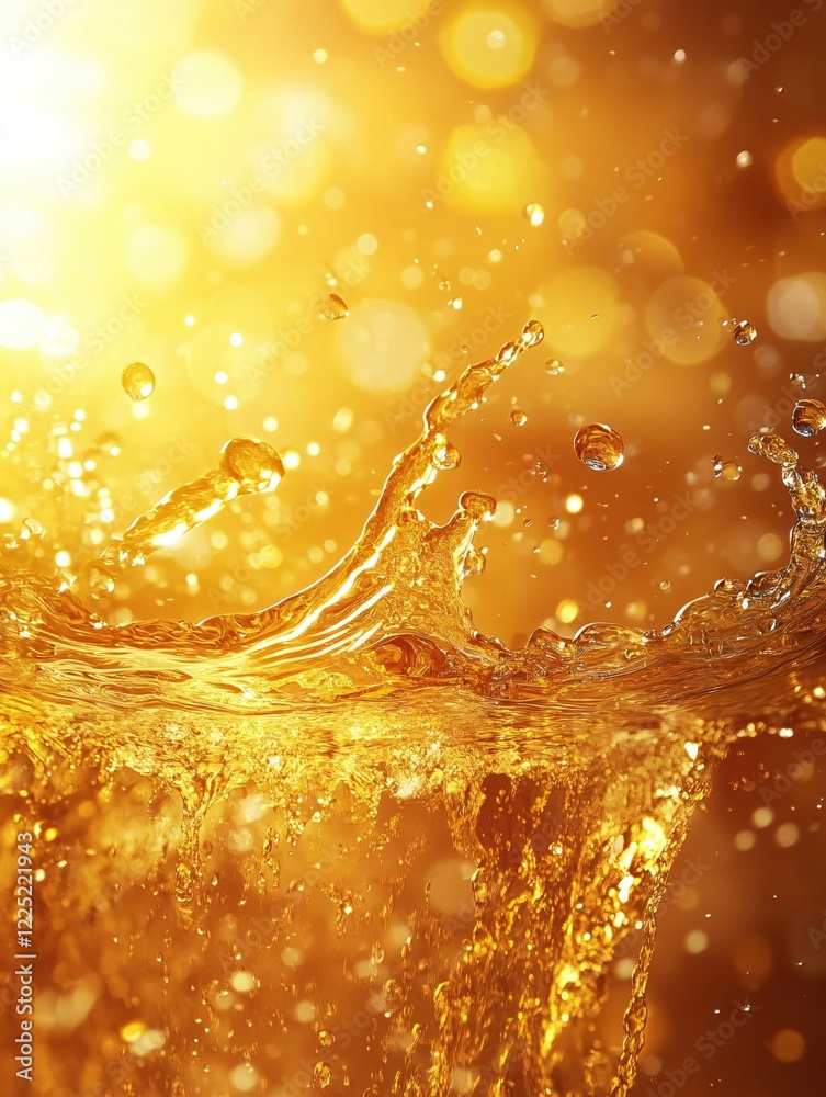 Poster golden liquid splash with bright bokeh background creating a dynamic and energetic effect