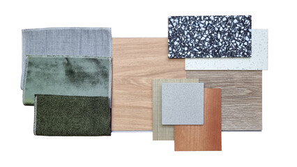 top view of interior material samples palette contains green and grey draperies, wooden spc vinyl flooring tiles, wooden veneers, terrazzo, quartz stones isolated on background with clipping path.