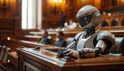 Robotic Judge Presiding Over Dilemma in a Modern Courtroom Setup