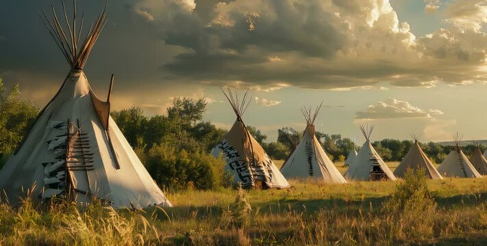 Traditional teepees surrounded by lush greenery, set against majestic mountains and a cloudy sky, evoking a rustic and cultural vibe.