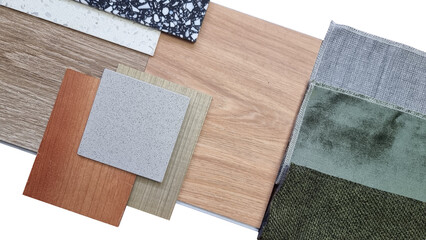 the combination of interior material samples in close up view showing palette of green curtain fabric, wooden veneers, quartz stone, vinyl flooring tile isolated on background with clipping path.