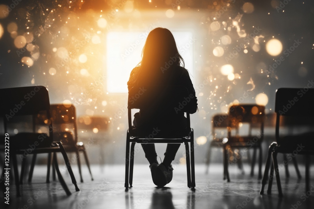 Poster a student sitting alone in an empty classroom, staring at the chalkboard with an unfocused gaze, sur