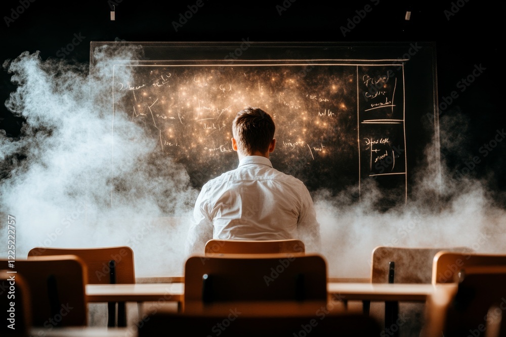 Poster a student sitting alone in an empty classroom, staring at the chalkboard with an unfocused gaze, sur