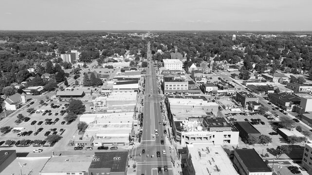 Ludington, Michigan aerial view in black and white.