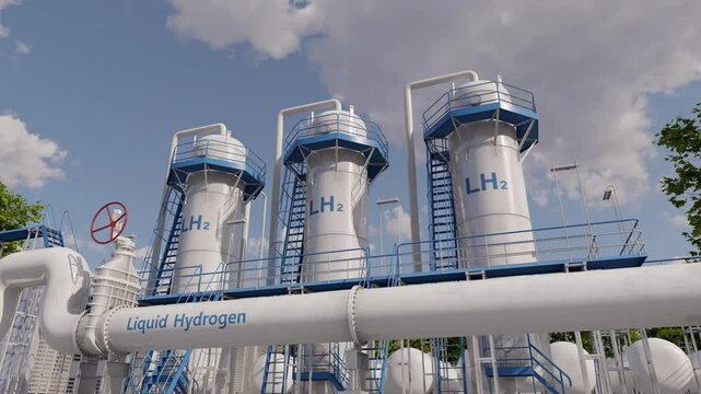 Hydrogen Liquefaction Plant. Facility designed to convert gaseous hydrogen into its liquid form through a cooling and compressing the gas. Time lapse. 3D rendering