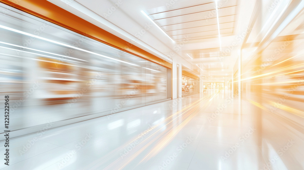 Poster modern shopping mall interior with bright lighting and motion blur effects, creating dynamic atmosph