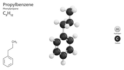 Molecule: Propylbenzene. Molecular structure. Formula: C9H12. Chemical model: Ball and stick. White background. 3D illustration.