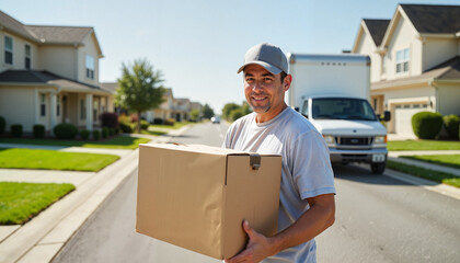 Delivery man smiling while carrying a package on a sunny residential street, Labor Day