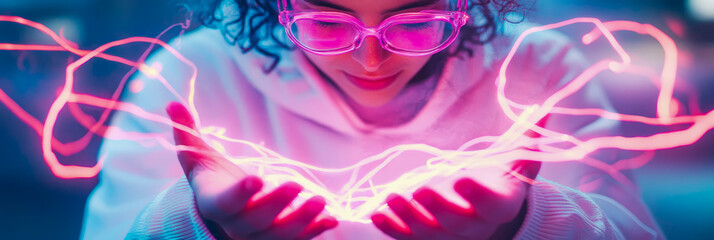 Obraz premium Woman in Neon Light, Holding Glowing Energy