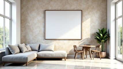 Grey Sofa Beige Marble Living Room Stone Wall Dining Area 3D Rendering