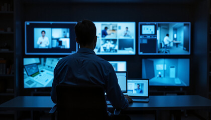 Naklejka premium Security guard monitoring multiple screens in a control room during nighttime with dim lighting, Labor Day