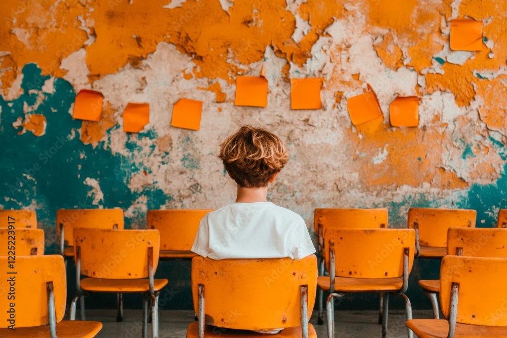 Poster A teacher sitting in an empty classroom after a successful lesson, smiling softly as they organize their desk