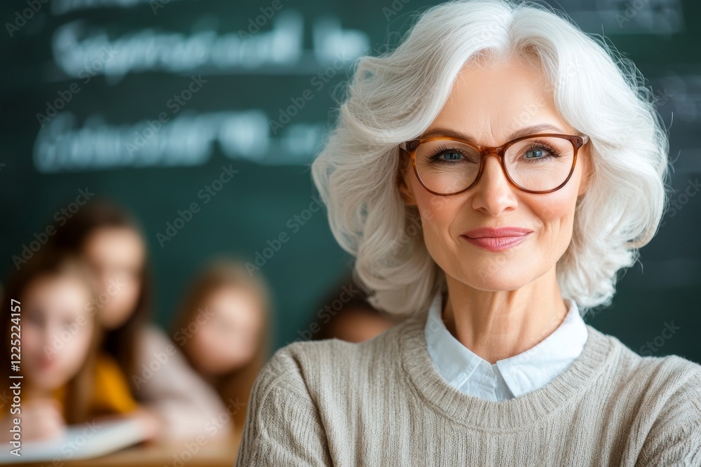 Poster a teacher standing at the front of a classroom, their face betraying subtle resentment as students i