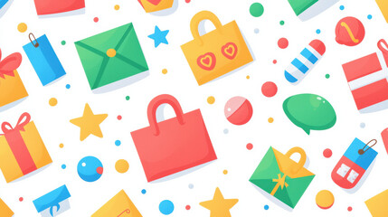Colorful pattern featuring shopping bags, gifts, and playful shapes, perfect for festive designs