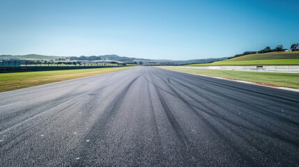 Fototapeta premium image captures clear racetrack with tire marks, showcasing serene landscape in background. scene evokes sense of speed and excitement