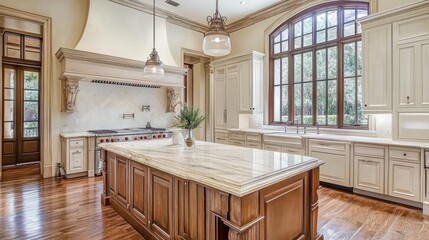 Spacious kitchen featuring a marble island, rustic wooden touches, white cabinets, and a large window for ample natural lighting