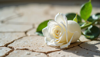 White rose resting on cracked earth, International Holocaust Remembrance Day