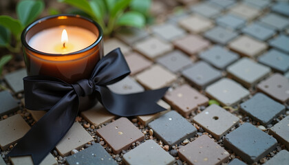 Memorial candle with black ribbon on a cobblestone surface, International Holocaust Remembrance Day