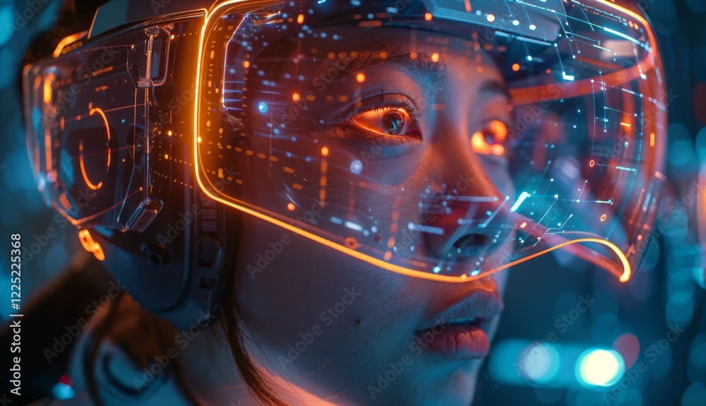 Poster person using sleek computer interface with advanced visual technology