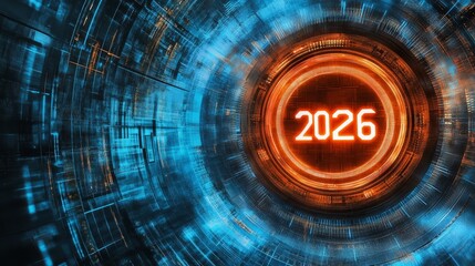 Abstract digital background with gold metallic numbers 2026 for New Year celebration design