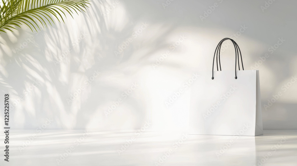 Poster minimalist white shopping bag on light surface with soft shadows and palm leaf