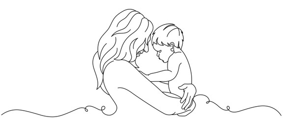 vector illustration of mother holding baby, line art style. mother's day design element