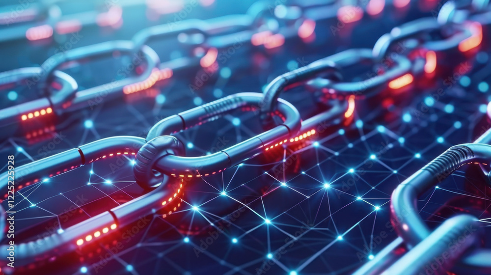 Poster close up view of interconnected metallic chains with glowing lights, symbolizing technology and conn