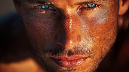 Obraz premium Close-up portrait of a tanned man with intense blue eyes.