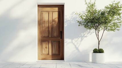 Stylish home entrance with a classic wooden door and a bright white wall, accented by a neat planter
