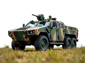 Fototapeta premium Camouflaged Armored Vehicle on Grassy Terrain