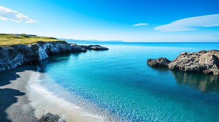 Fototapeta premium Coastal cove, waves gently flowing into a secluded inlet, 3D illustration