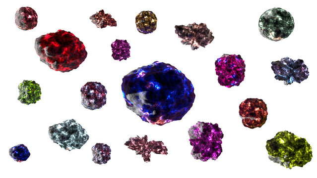 Some Unknown colorful glowing ores or Peacock Ore bornites created by 3D modeling objects and materials transparent png background.