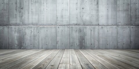 Modern minimalist interior: concrete, wood, and ample copy space.