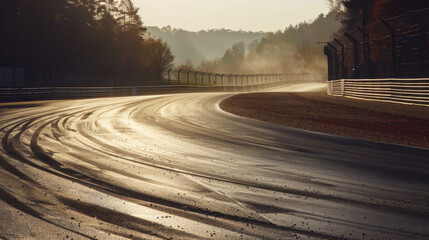 Fototapeta premium winding race track with wet asphalt reflecting sunlight, surrounded by trees and mist. scene captures essence of speed and anticipation in motorsport