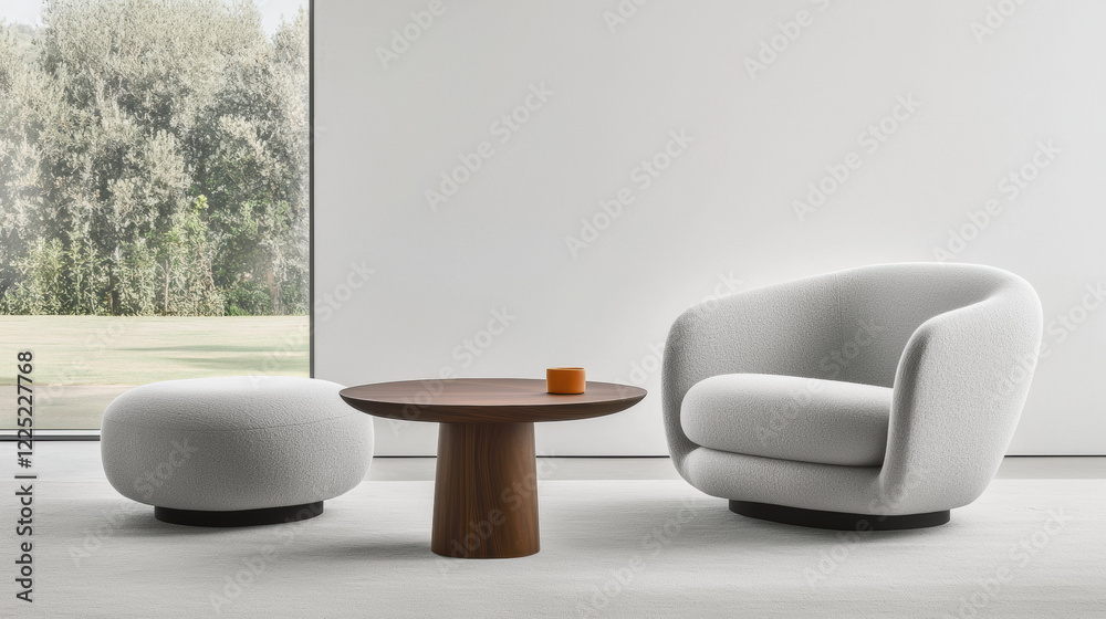 Poster cozy seating arrangement featuring round table and soft armchair. ideal for modern living spaces