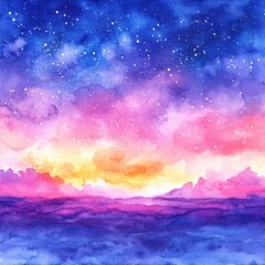 Naklejka premium Watercolor sky with stars and colorful clouds in shades of blue purple pink and yellow