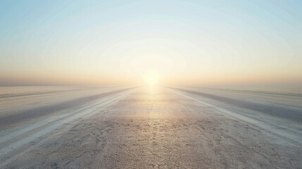 Fototapeta premium serene landscape featuring long, empty road stretching towards bright horizon, bathed in soft pastel colors. scene evokes sense of calm and tranquility