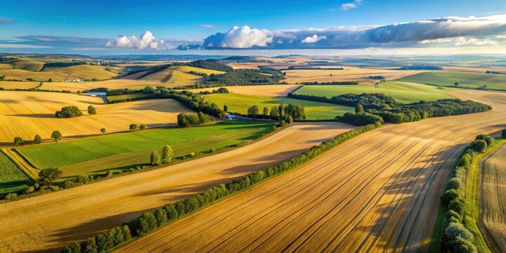 Aerial view of a vast agricultural parcel with fields of wheat