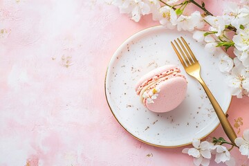 A single macaron on a marble plate with a golden fork, surrounded by soft pastel decor