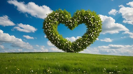 a lush green tree shaped like a heart stand in a vibrant grassy field adomed with flowers.