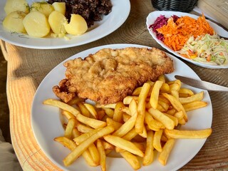 Polish national cuisine: kotlet schabowy served with French fries, boiled potatoes, and carrot and cabbage salads. Perfect for food, culinary traditions, and cultural gastronomy themes.